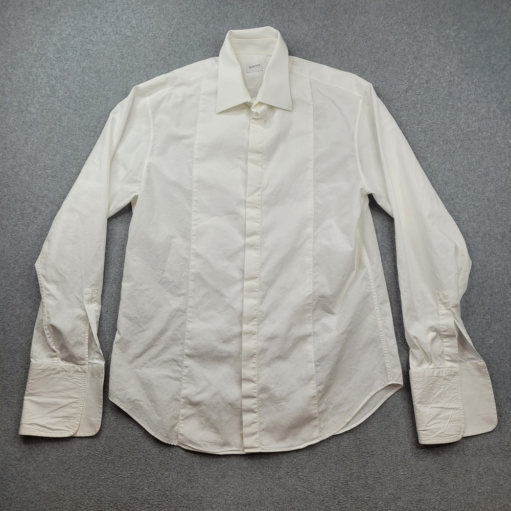 Armani Collezioni Dress Shirt Mens Large 42 White Pique Pleated Bib French Cuff